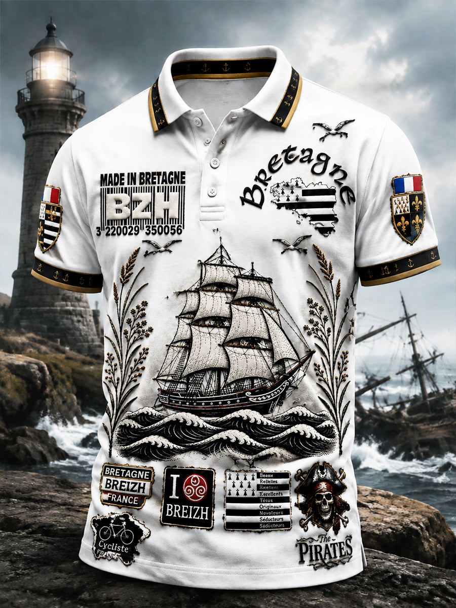 Polo décontracté blanc pour homme, style breton, à imprimé marin