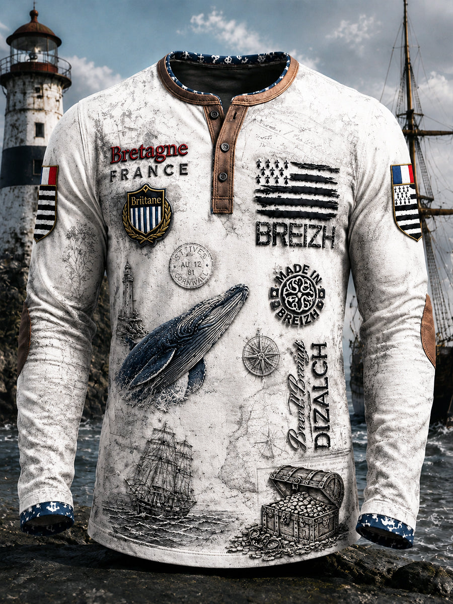 Sweat-shirt Homme Décontracté À Col Henley Vintage Blanc Imprimé Breton
