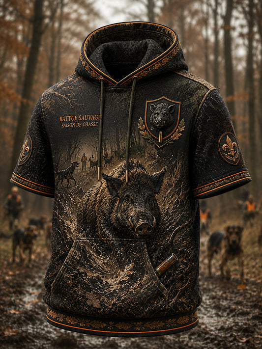 Sweat à capuche décontracté à manches courtes pour homme, motif chasse à la française
