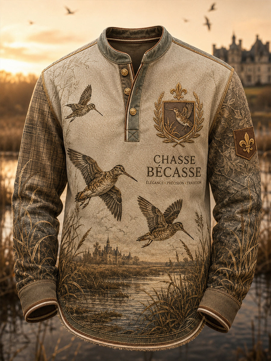T-shirt décontracté à boutons pour homme, imprimé saison de chasse française
