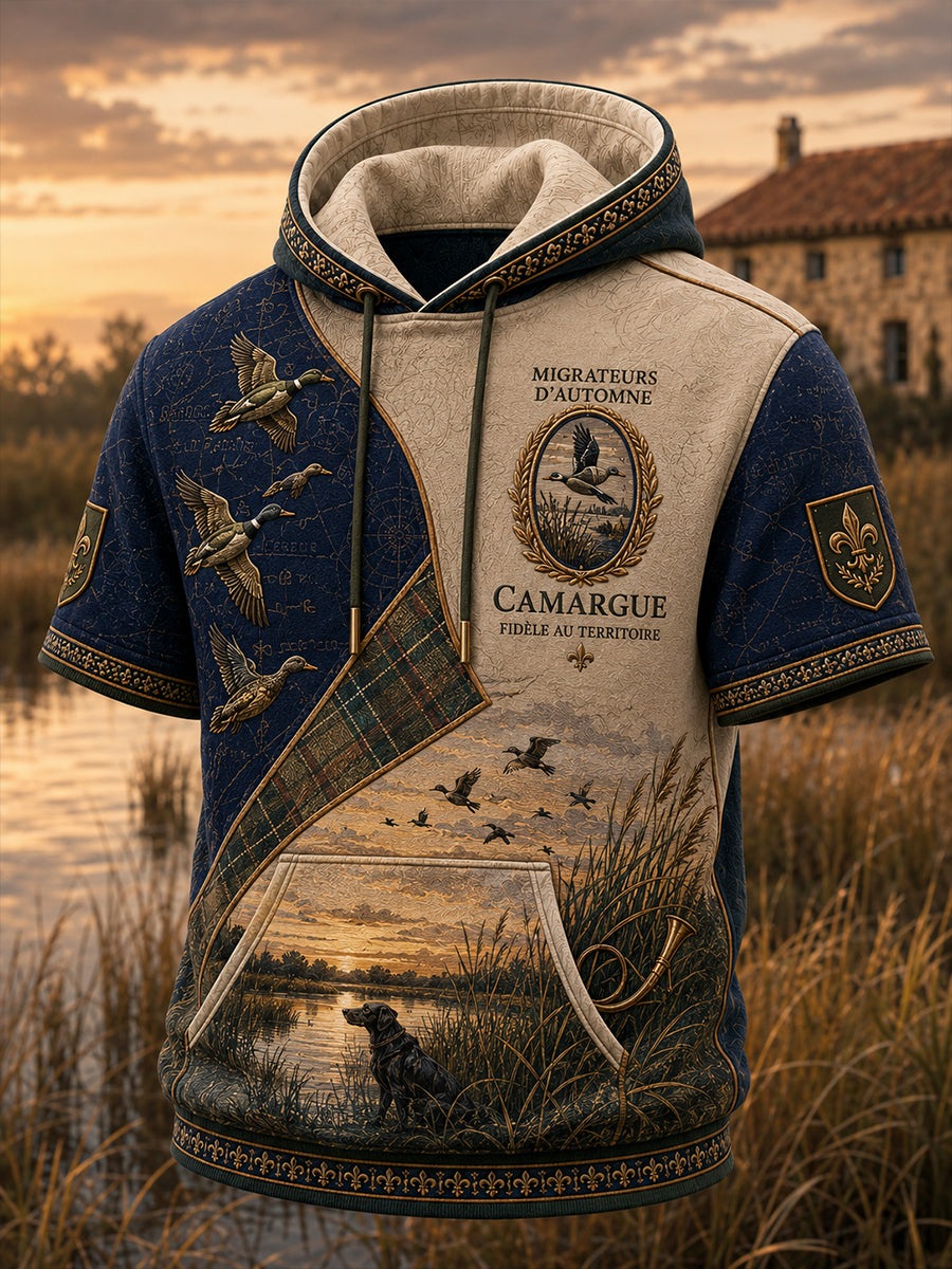 Sweat à capuche décontracté à manches courtes pour homme, motif chasse à la française