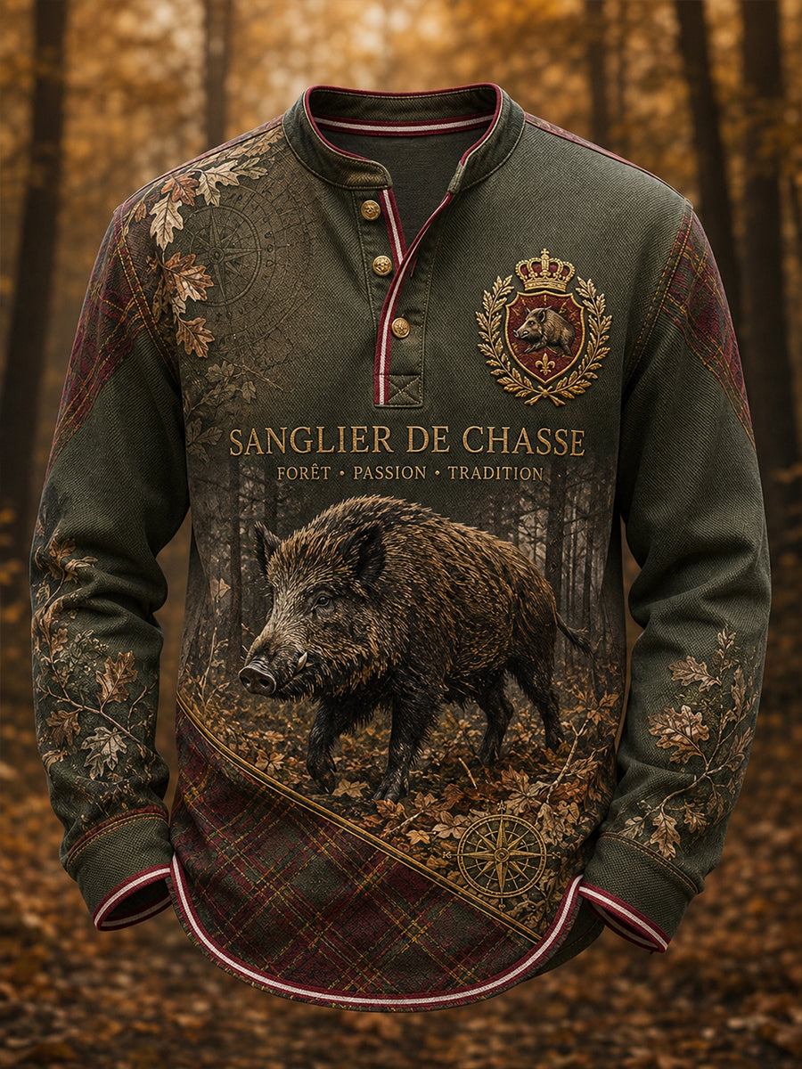 T-shirt décontracté à boutons pour homme, imprimé saison de chasse française