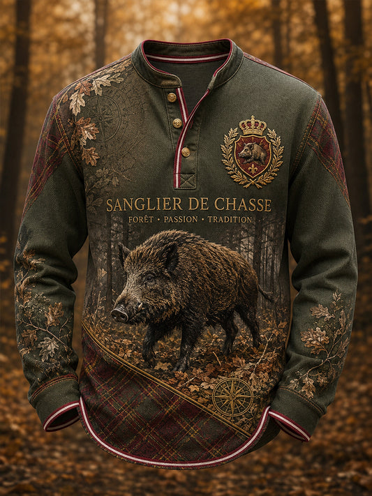 T-shirt décontracté à boutons pour homme, imprimé saison de chasse française
