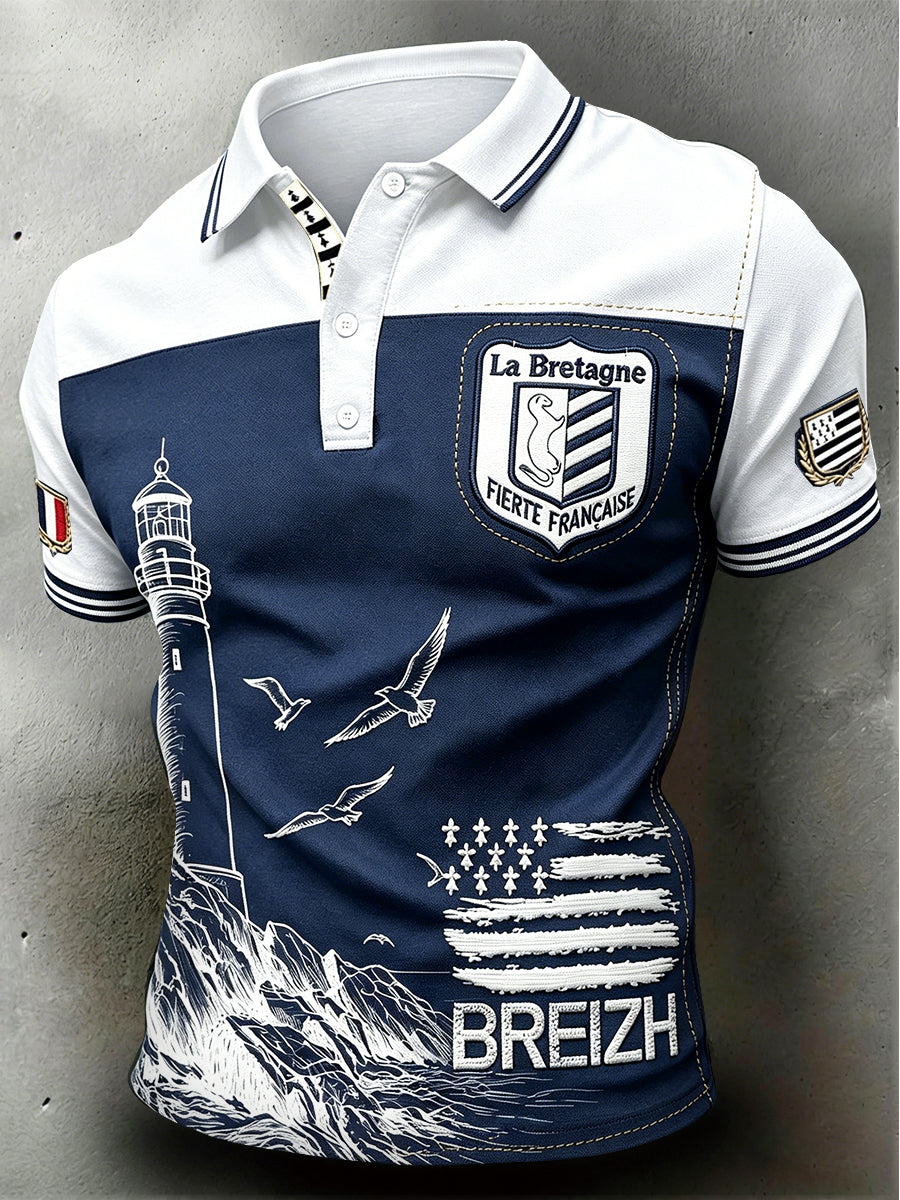 Polo Homme Bleu Foncé Patchwork Style Breton