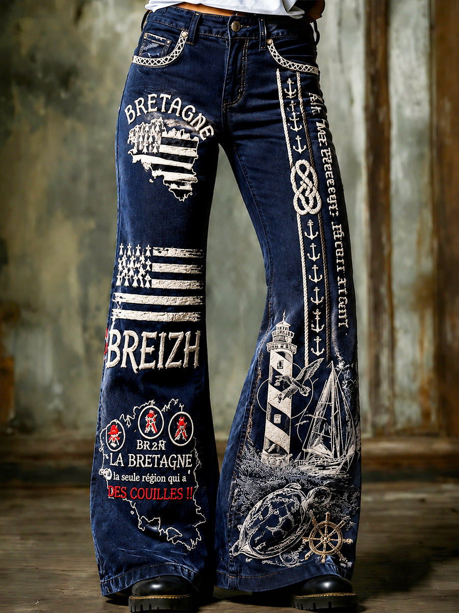 Pantalon évasé à la mode pour femme, bleu profond, imprimé breton français