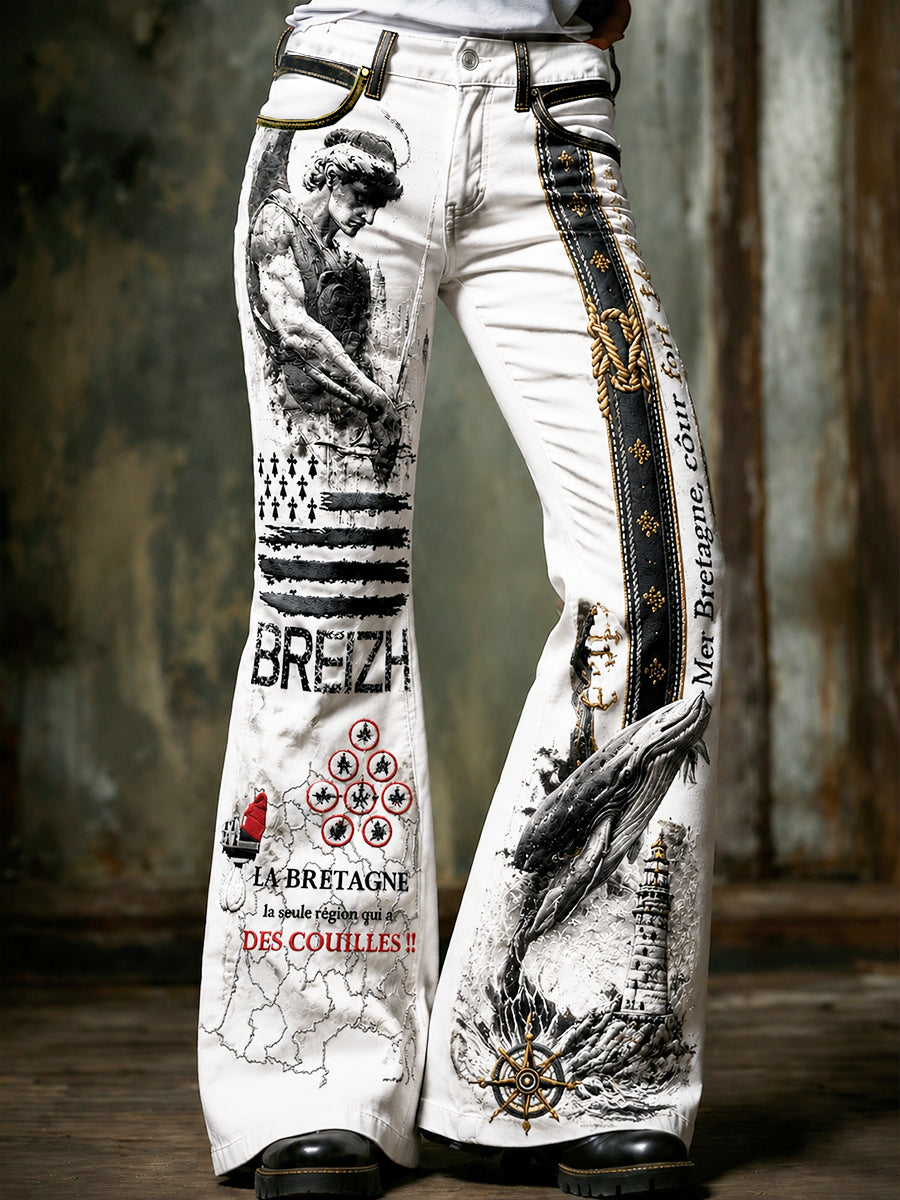 Pantalon évasé décontracté à imprimé breton blanc pour femme