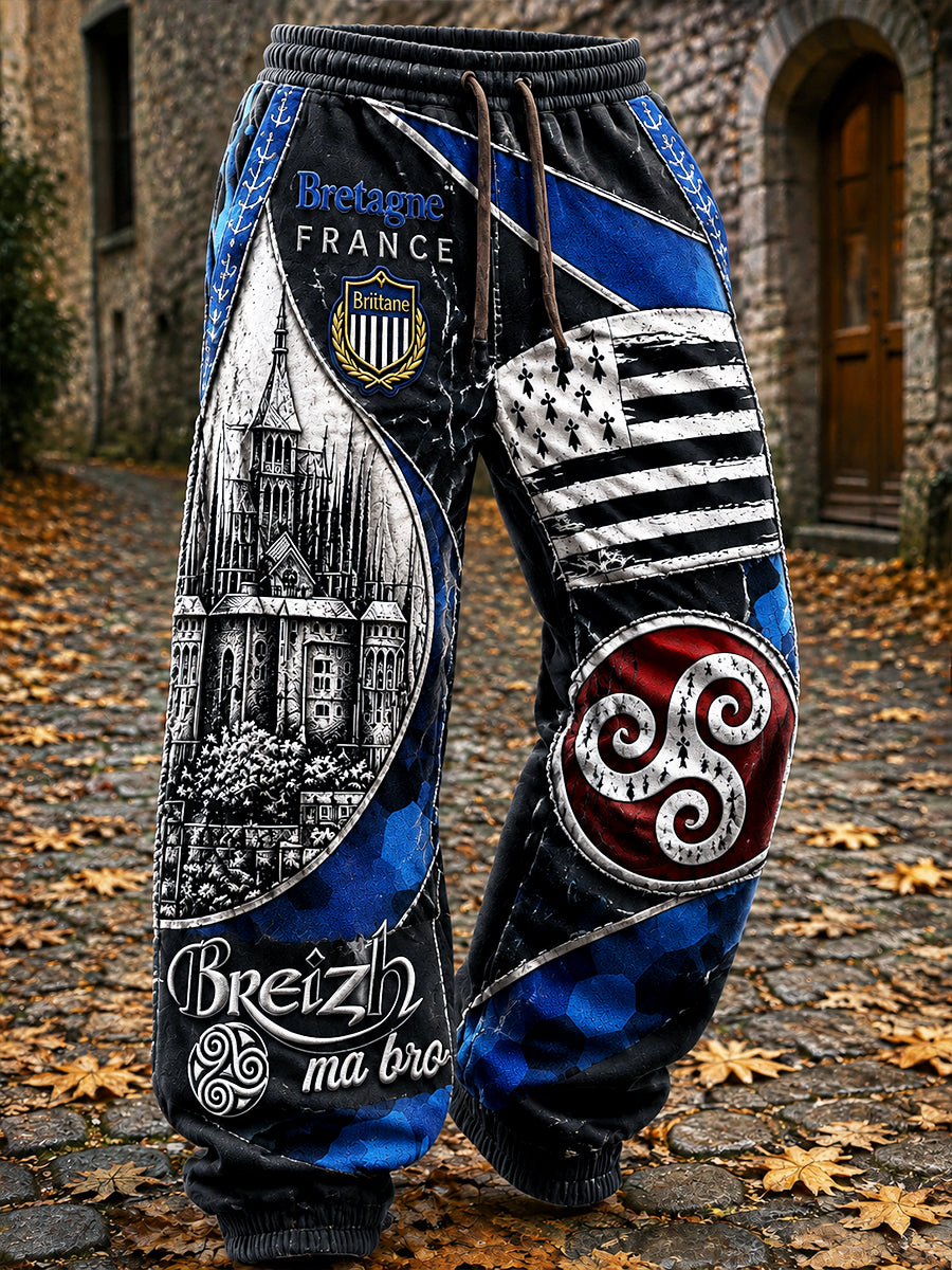 Pantalon de sport décontracté pour homme, bleu foncé, à imprimé breton français