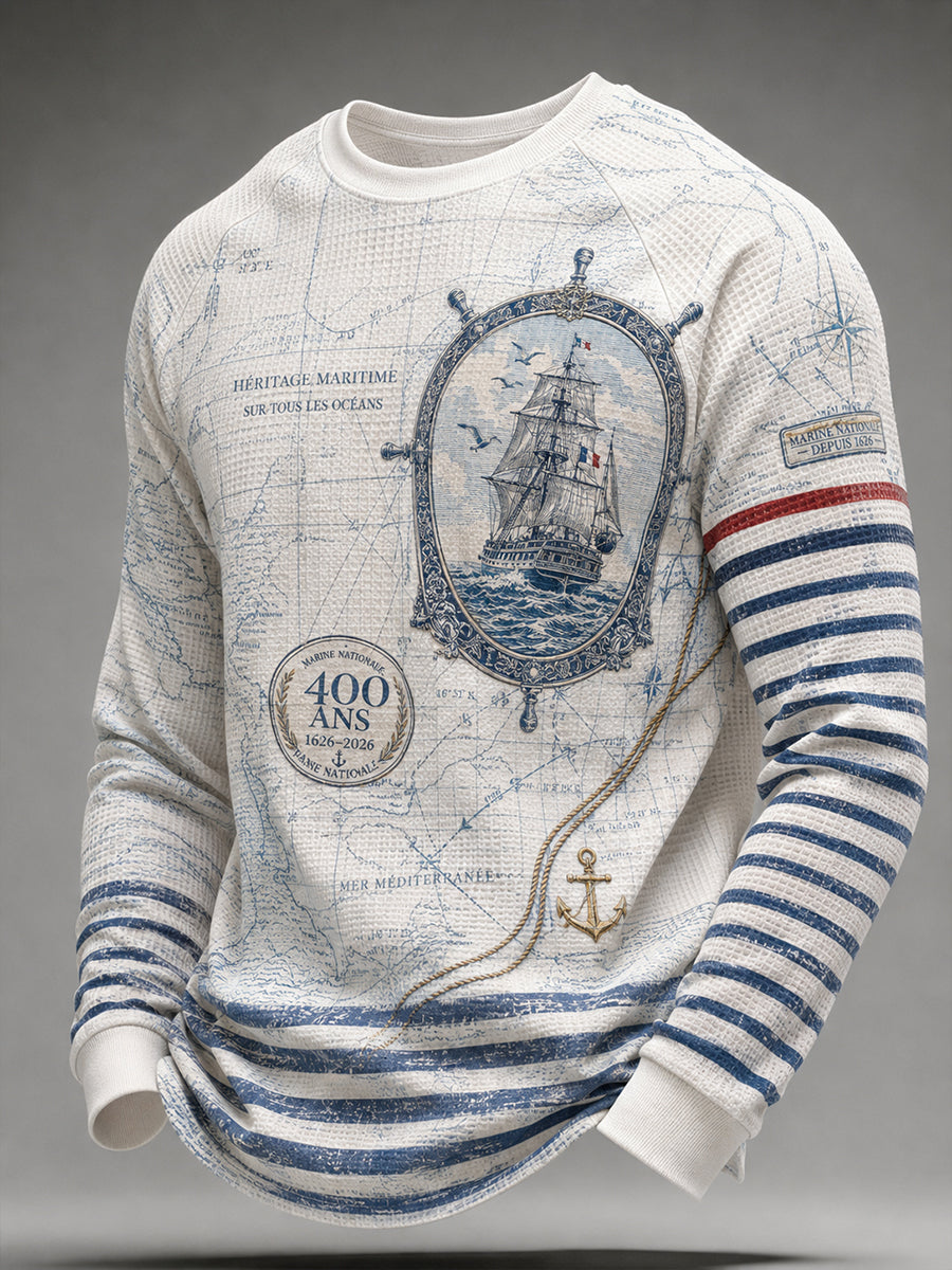 T-shirt manches longues en côte piquée pour homme, bleu marine français