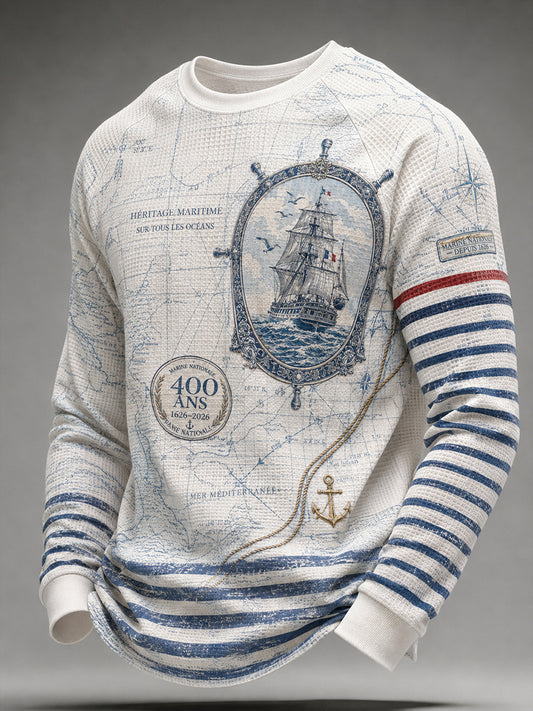 T-shirt manches longues en côte piquée pour homme, bleu marine français