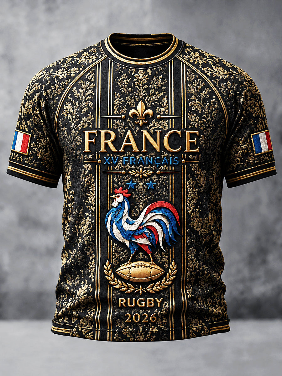 T-shirt décontracté noir à imprimé rugby français pour homme, collection automne