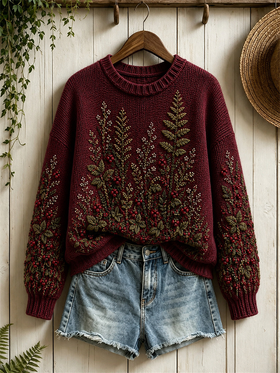 Pull femme Vintage Forest Berries & Fern Floral Print ras du cou