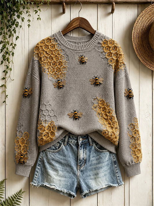 Pull à col rond Vintage Cottagecore Flying Bees & Honeycomb Print pour femme