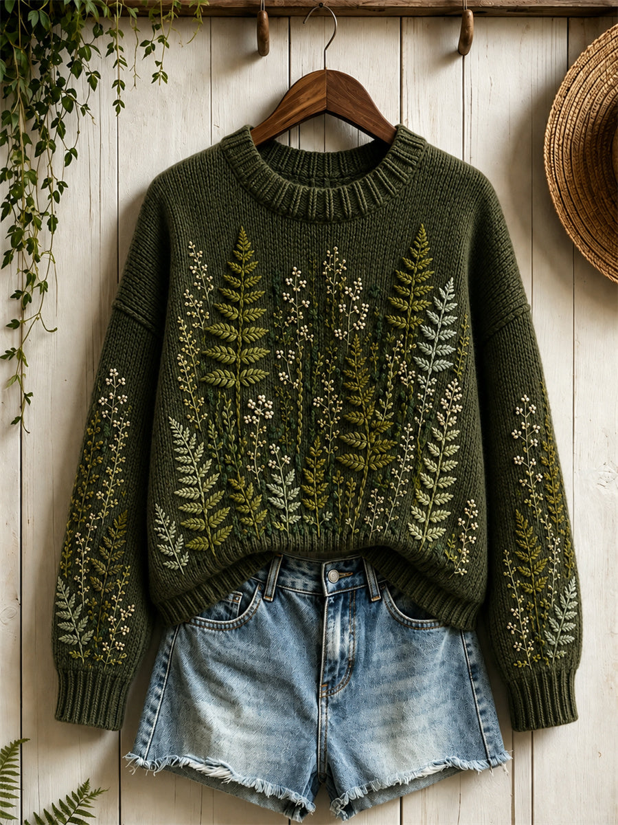 Pull à col rond Vintage Forest Fern Floral Print pour femme