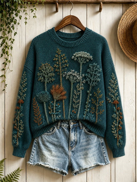 Pull col rond vintage pour femme à imprimé floral feuilles de fougère dans la forêt