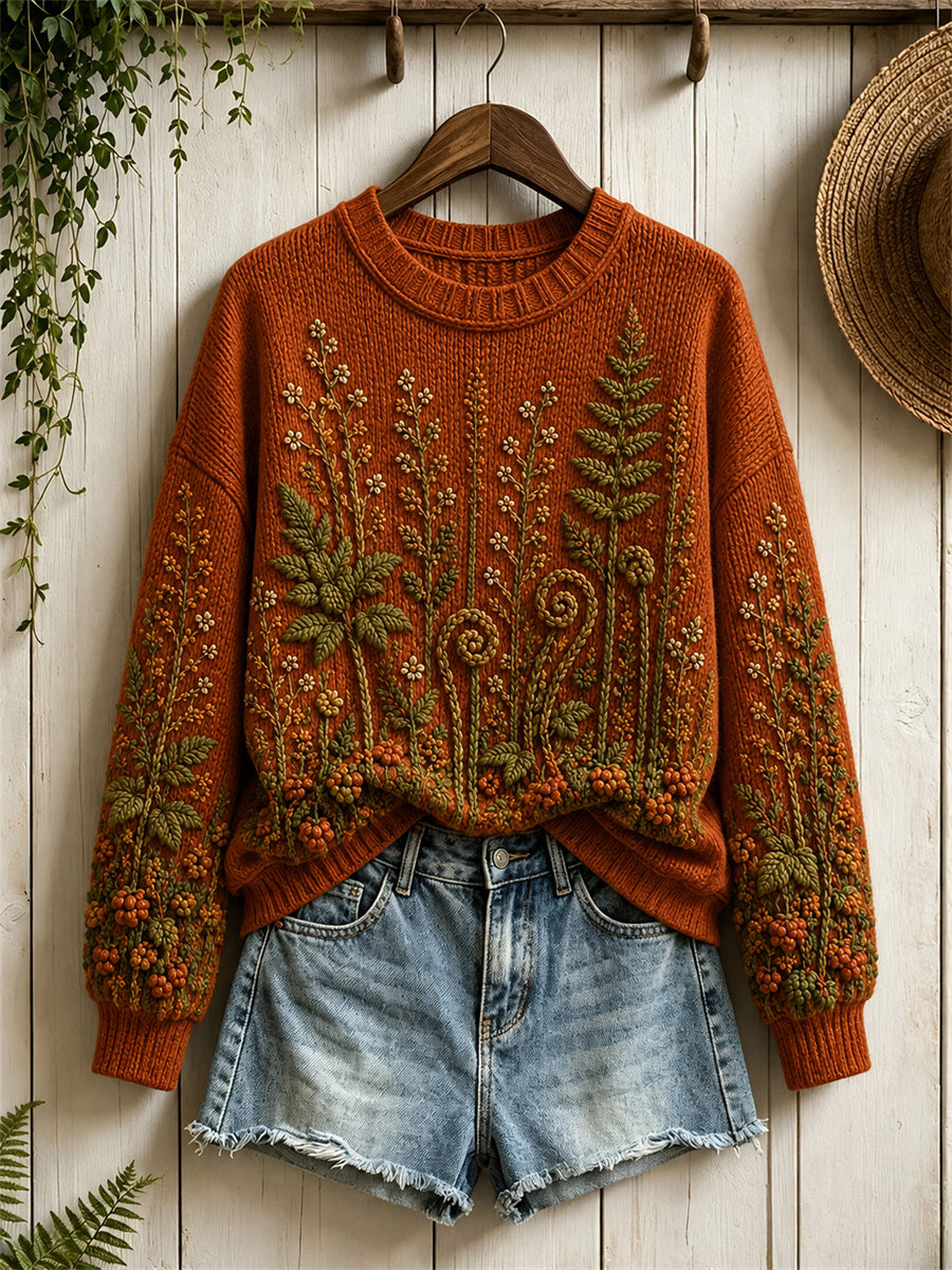 Vintage Forest Fall Berries & Fern Floral Print ras du cou des femmes pull