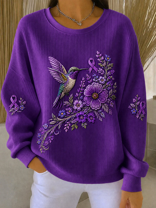 Sweat-shirt de soutien à la sensibilisation à la maladie d’Alzheimer pour femmes, imprimé floral violet et colibris