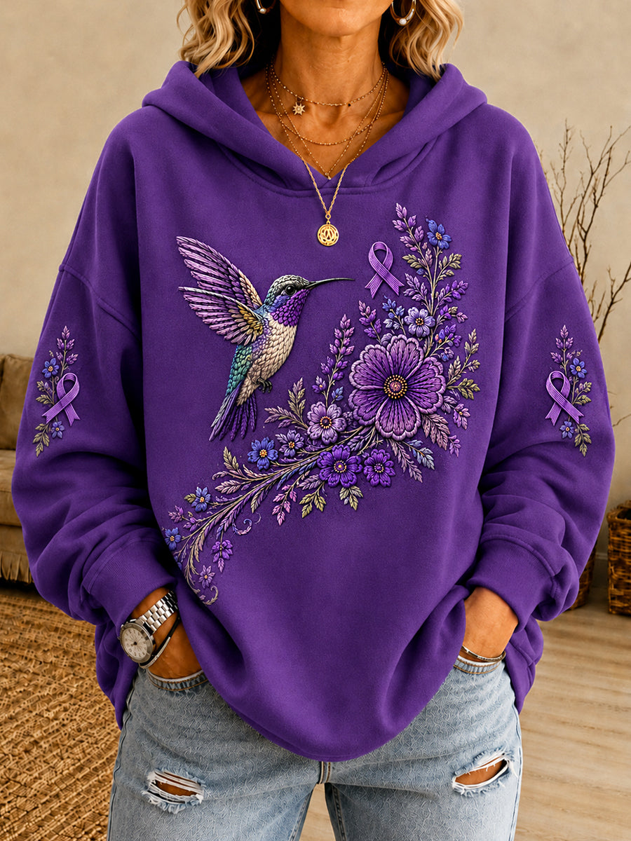 Sweat à capuche violet pour femme imprimé floral et colibri Alzheimer
