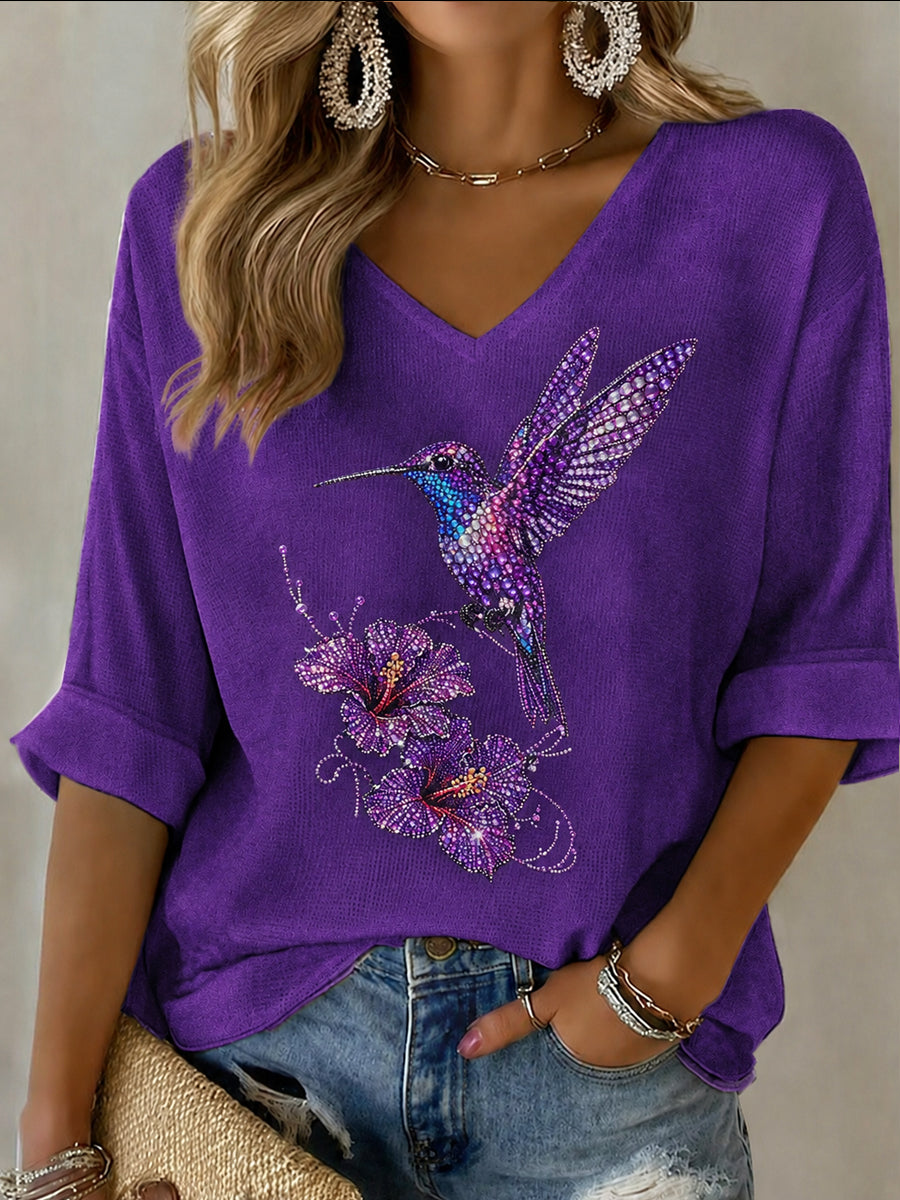 T-shirt décontracté à imprimé artistique violet pour femme