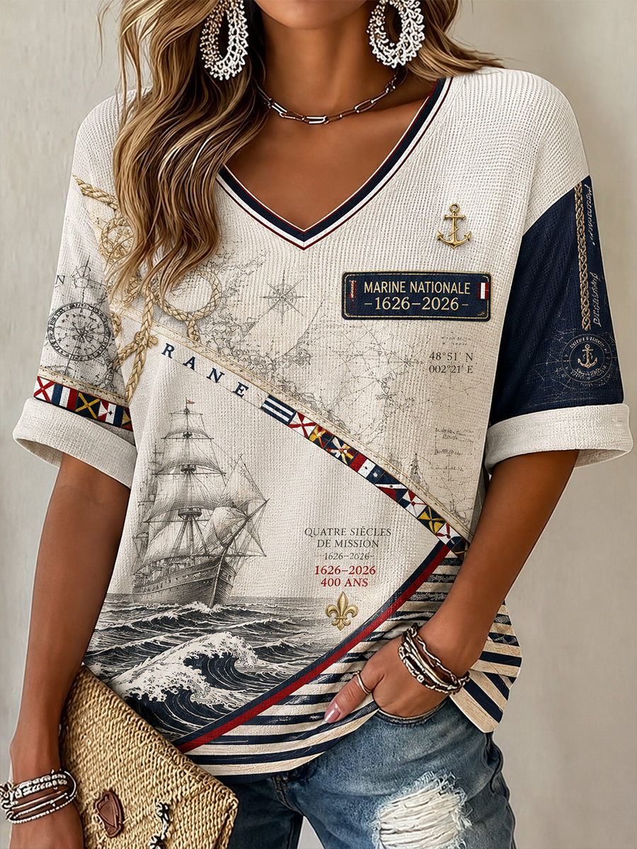 Chemise à col en V en lin, motif bleu marine français pour femme