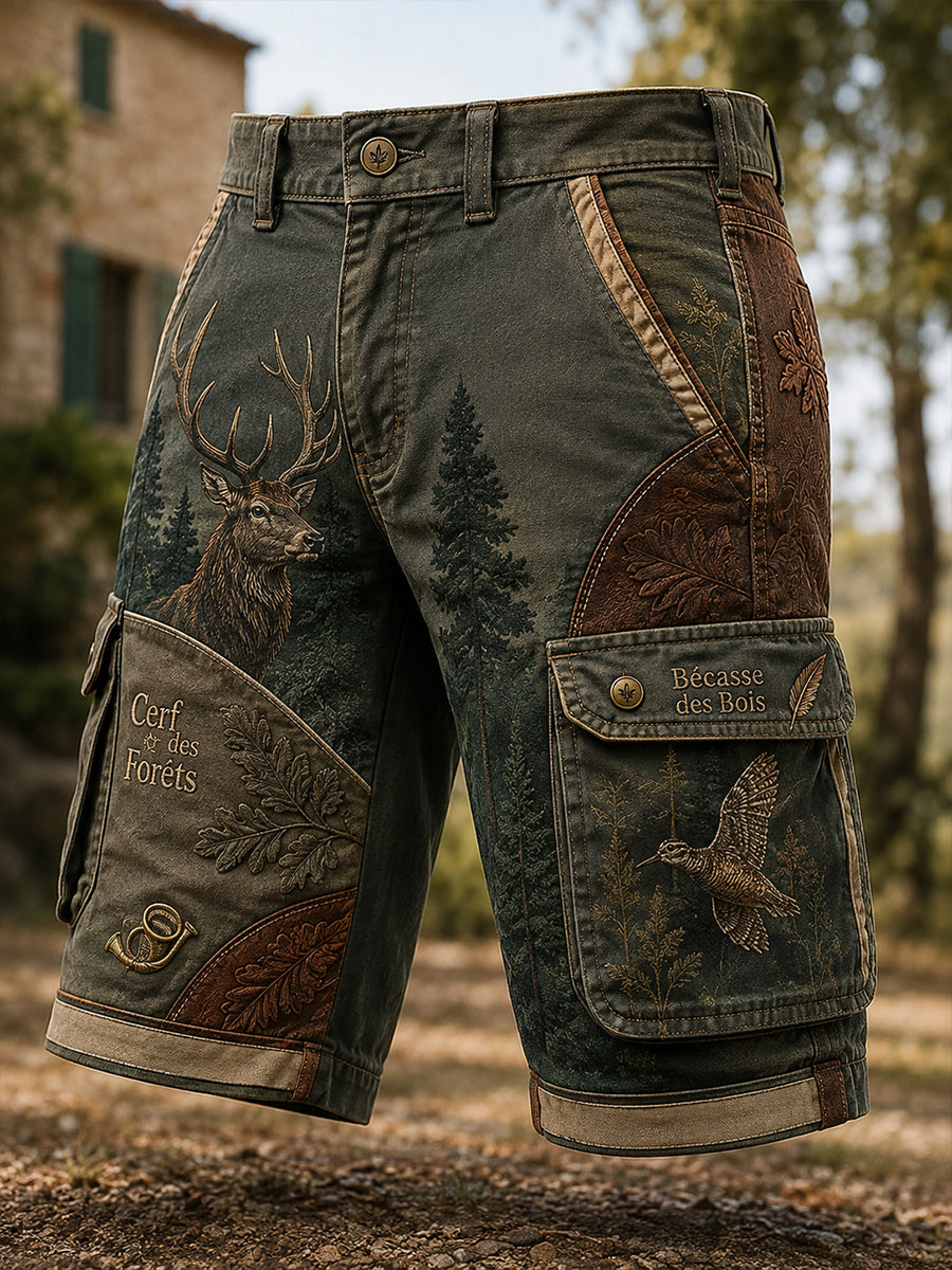 Short décontracté avec impression artistique sur la saison de chasse française pour hommes