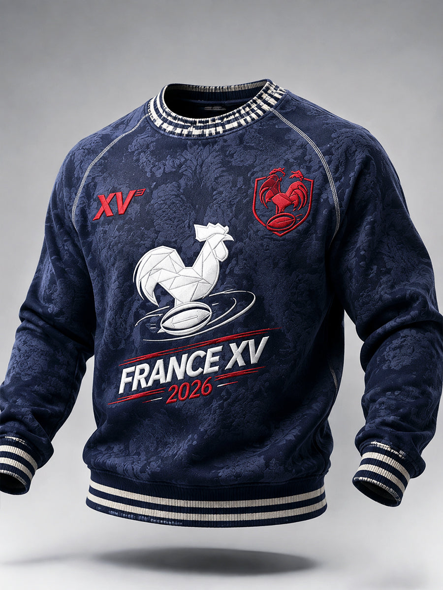 Bleu foncé Français Automne Rugby Coq Imprimer Casual Sweatshirt Homme