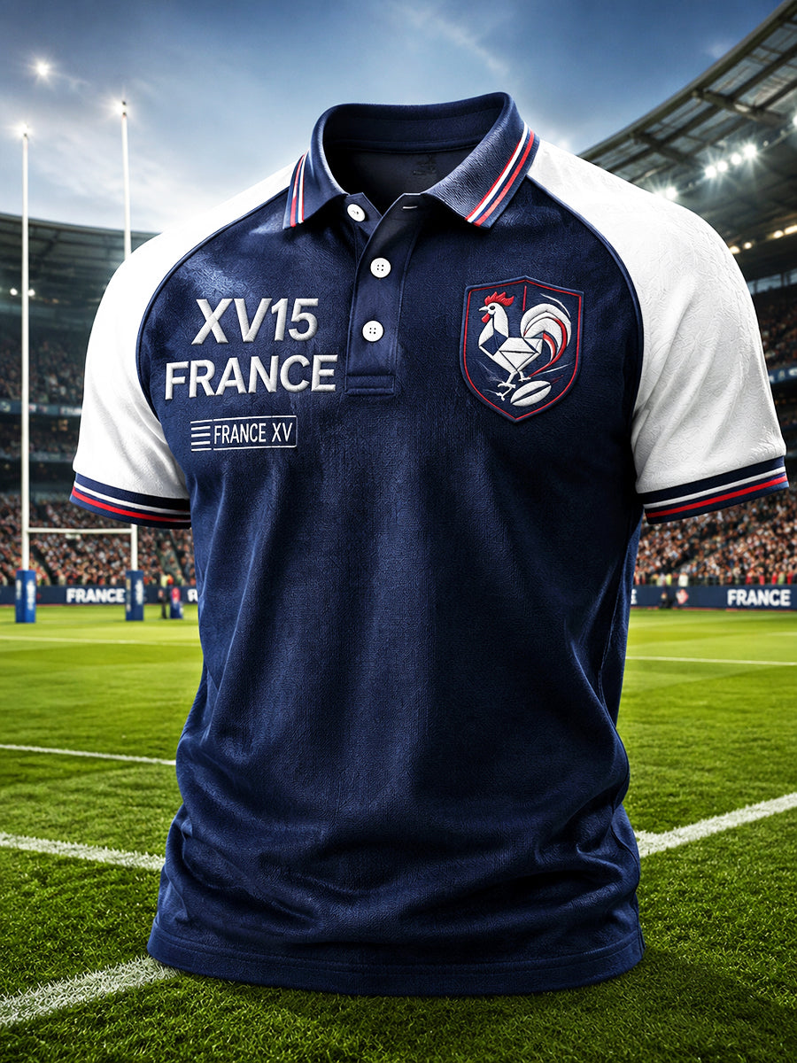 Polo décontracté à imprimé patchwork de coq de rugby français pour hommes