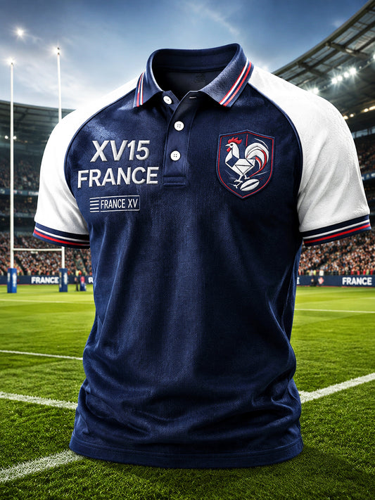 Polo décontracté à imprimé patchwork de coq de rugby français pour hommes