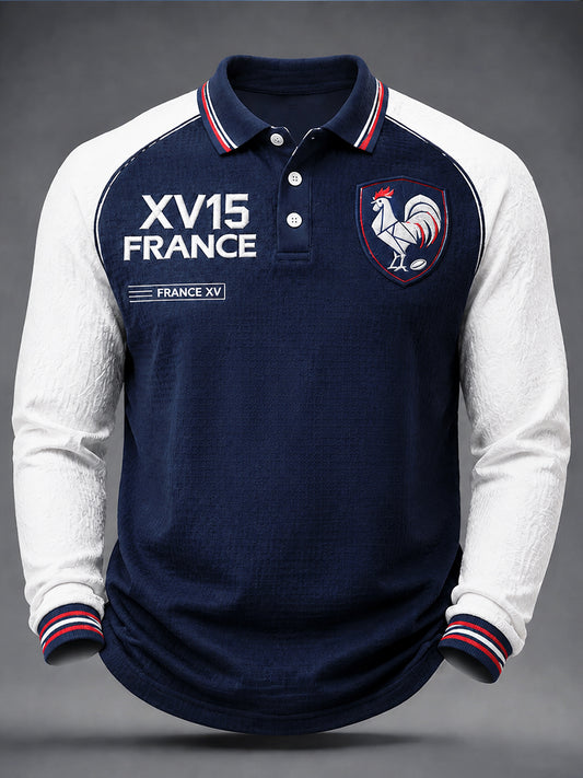 Polo Décontracté Homme Automne Rugby 'Rooster' Patchwork Imprimé Manches Longues
