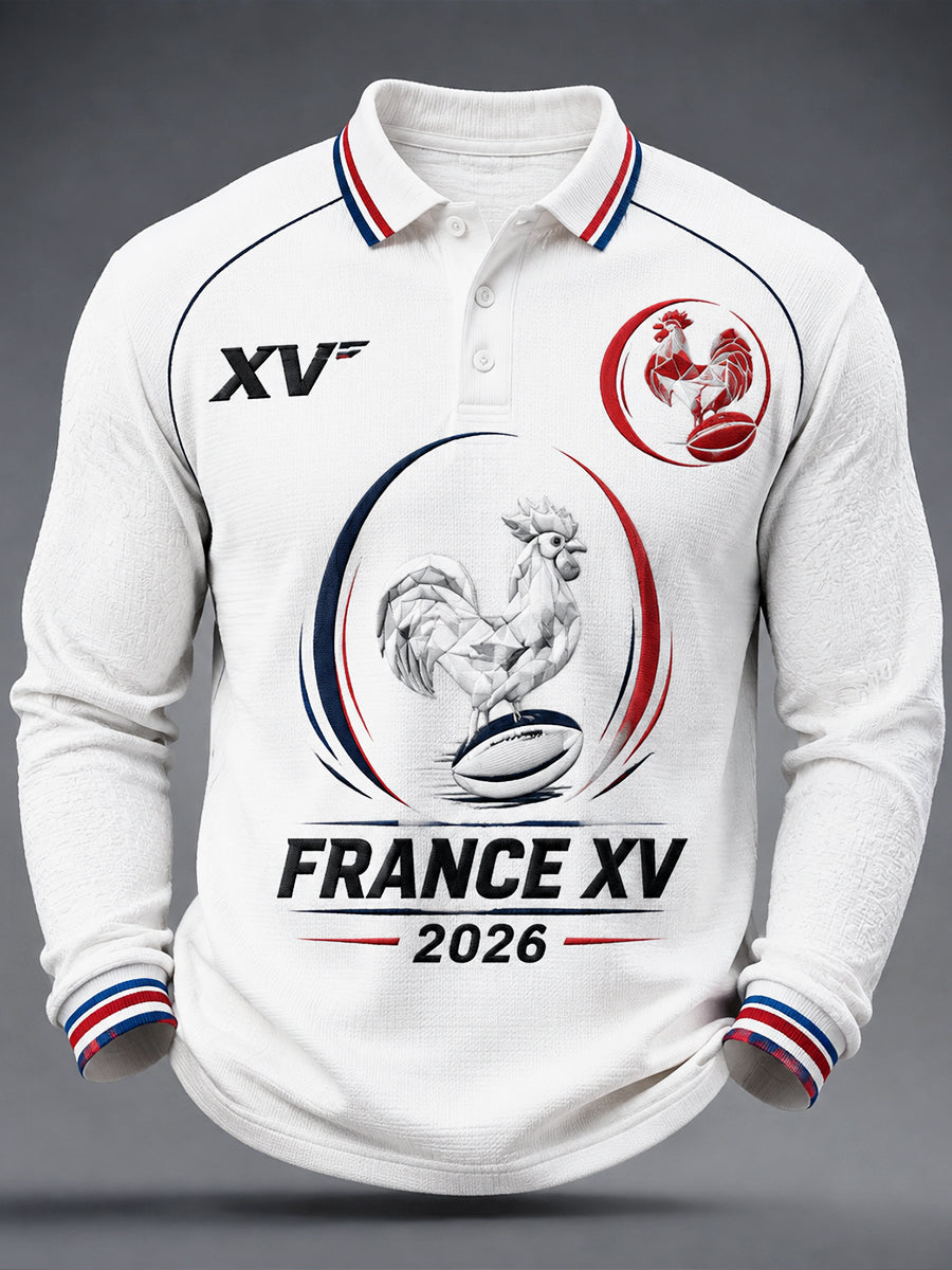 Polo à manches longues décontracté à imprimé coq de rugby français blanc pour homme