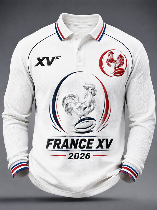 Polo à manches longues décontracté à imprimé coq de rugby français blanc pour homme