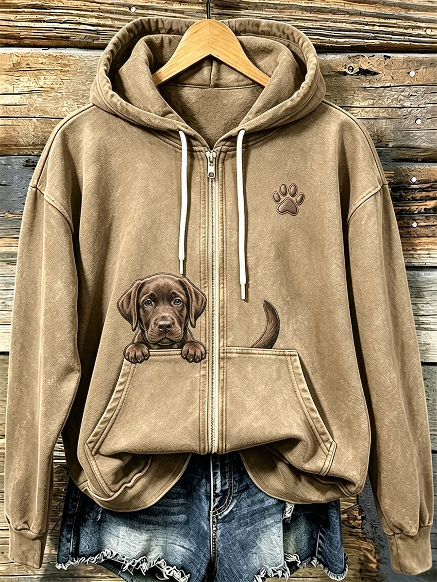 Chandail à capuchon à glissière confortable à imprimé labrador et patte chocolat pour femme
