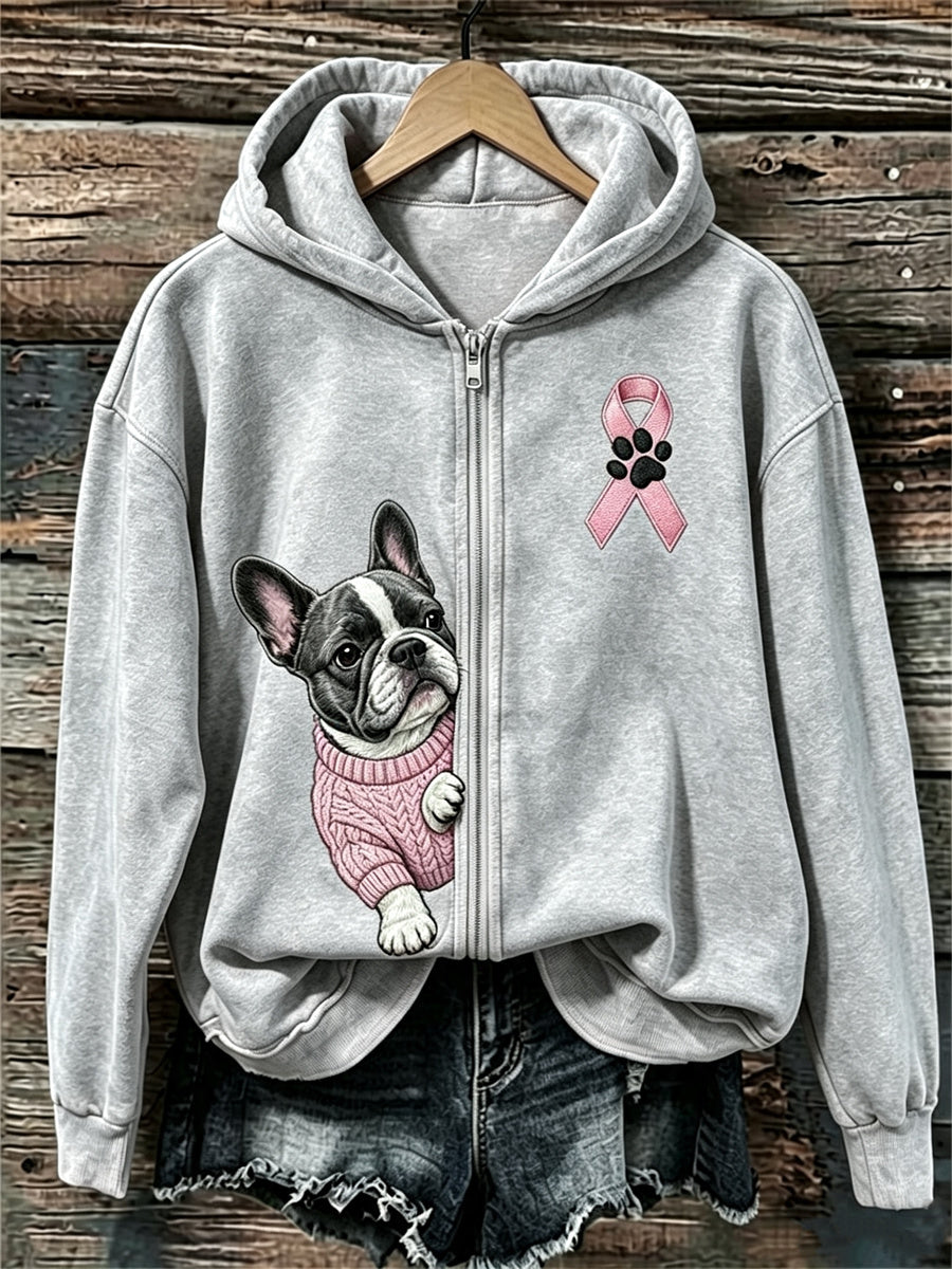 Femmes Peeking Bouledogue Français Ruban Rose Sensibilisation Au Cancer Du Sein Full Zip Hoodie