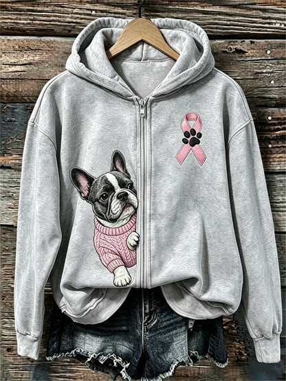 Femmes Peeking Bouledogue Français Ruban Rose Sensibilisation Au Cancer Du Sein Full Zip Hoodie