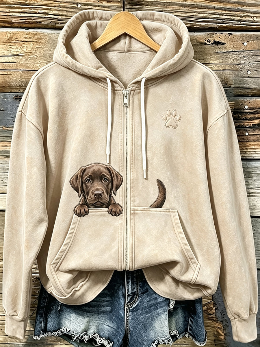 Chandail à capuchon à glissière confortable à imprimé labrador et patte chocolat pour femme