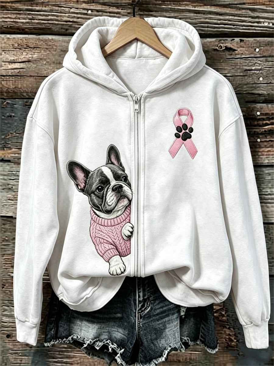 Femmes Peeking Bouledogue Français Ruban Rose Sensibilisation Au Cancer Du Sein Full Zip Hoodie