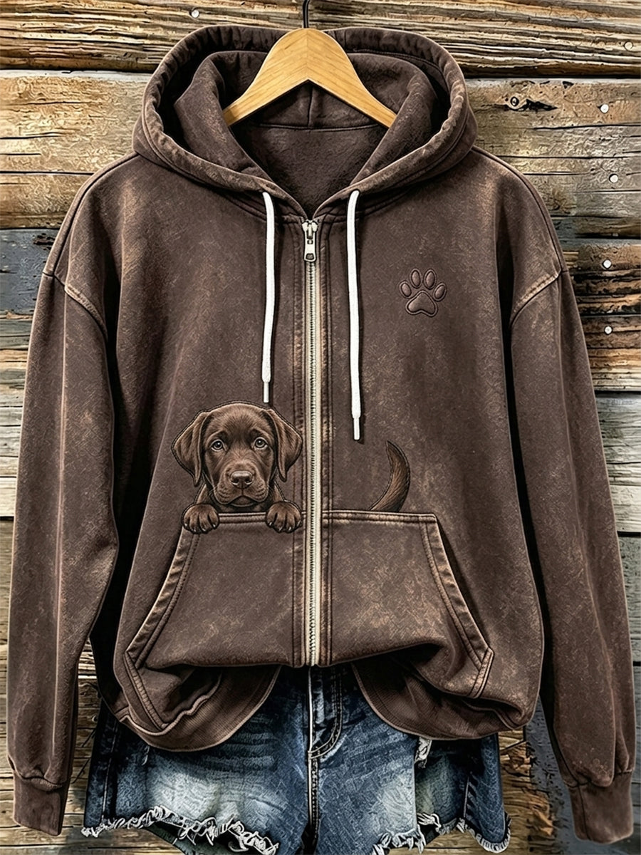 Chandail à capuchon à glissière confortable à imprimé labrador et patte chocolat pour femme