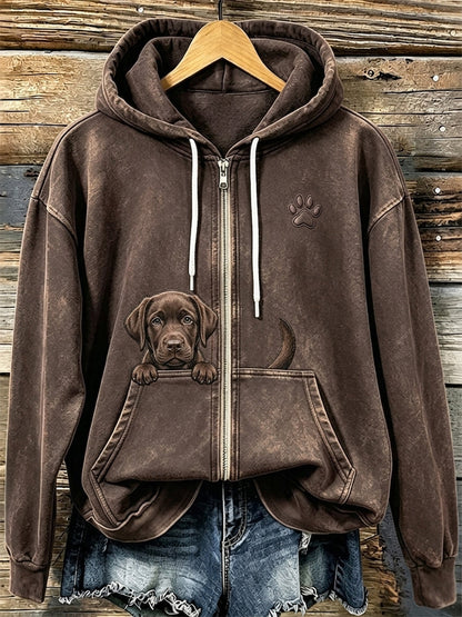 Chandail à capuchon à glissière confortable à imprimé labrador et patte chocolat pour femme