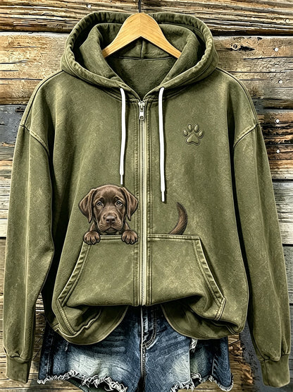 Chandail à capuchon à glissière confortable à imprimé labrador et patte chocolat pour femme