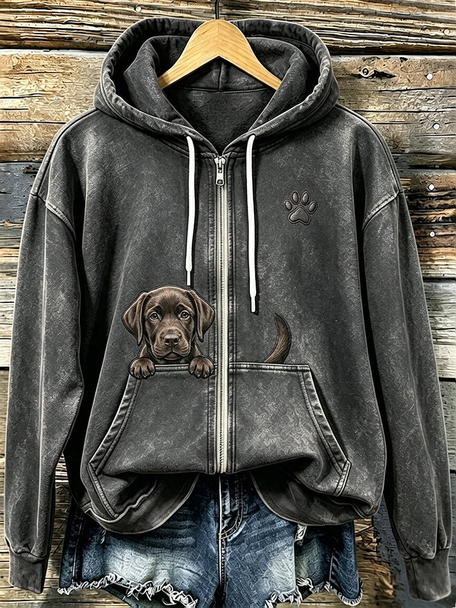Chandail à capuchon à glissière confortable à imprimé labrador et patte chocolat pour femme