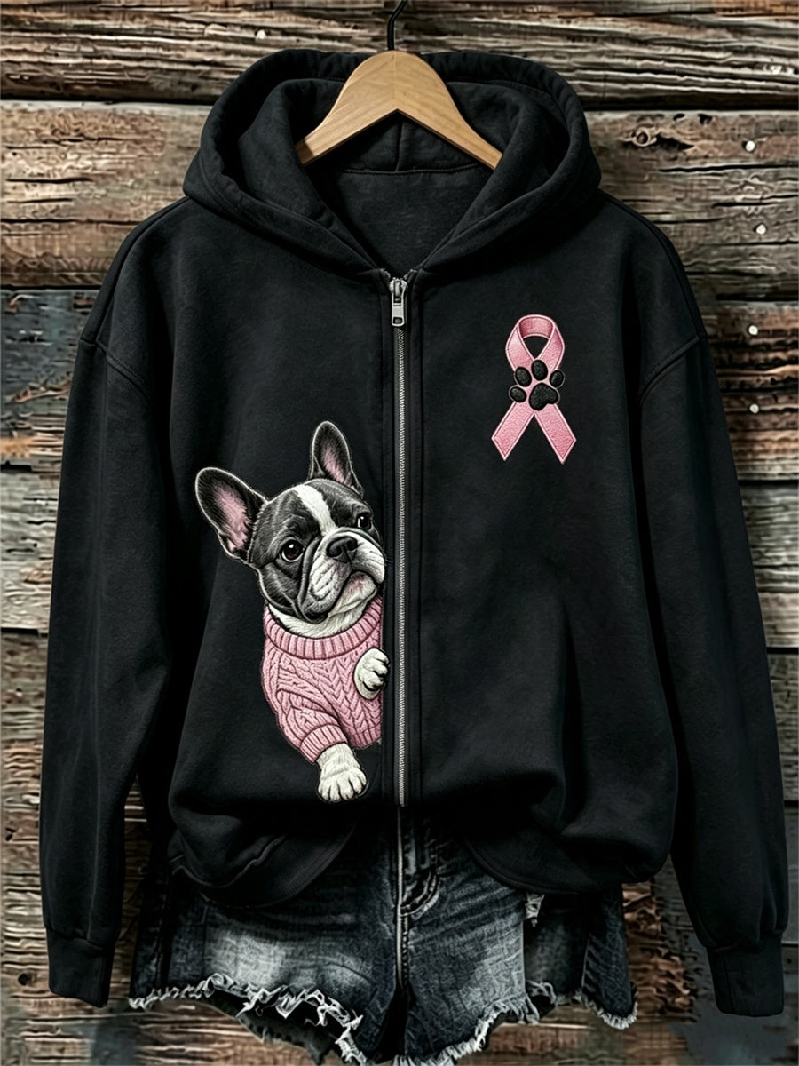 Femmes Peeking Bouledogue Français Ruban Rose Sensibilisation Au Cancer Du Sein Full Zip Hoodie