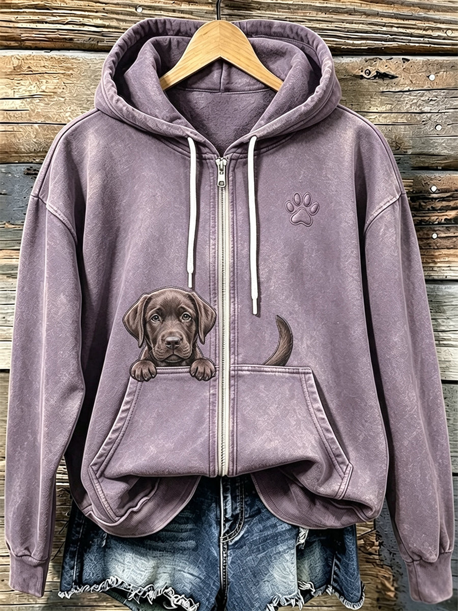 Chandail à capuchon à glissière confortable à imprimé labrador et patte chocolat pour femme