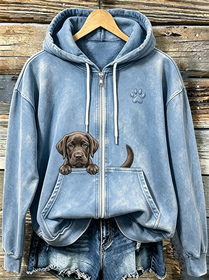 Chandail à capuchon à glissière confortable à imprimé labrador et patte chocolat pour femme