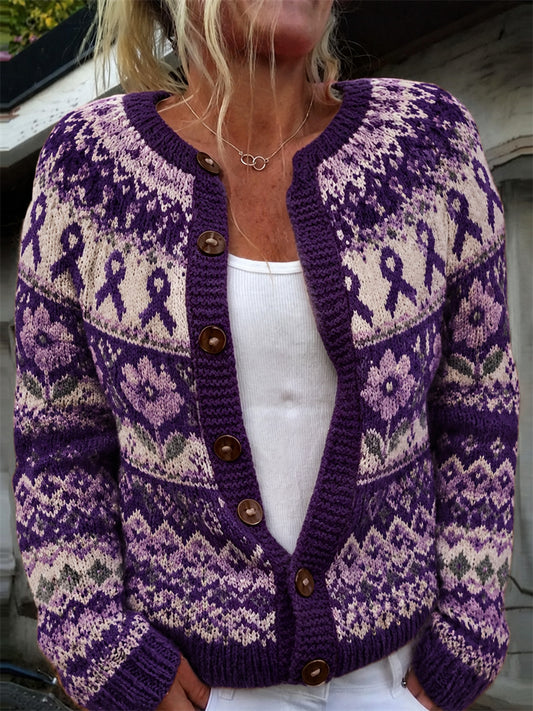 Femmes Vintage Violet Ruban & Fleurs Motif Isle Imprimer Cardigan