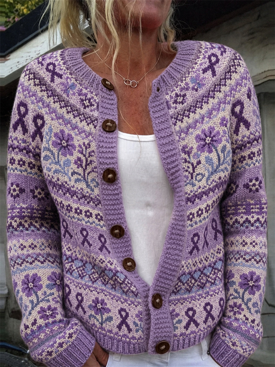 Cardigan vintage pour femme, imprimé à motifs de rubans violets et de fleurs