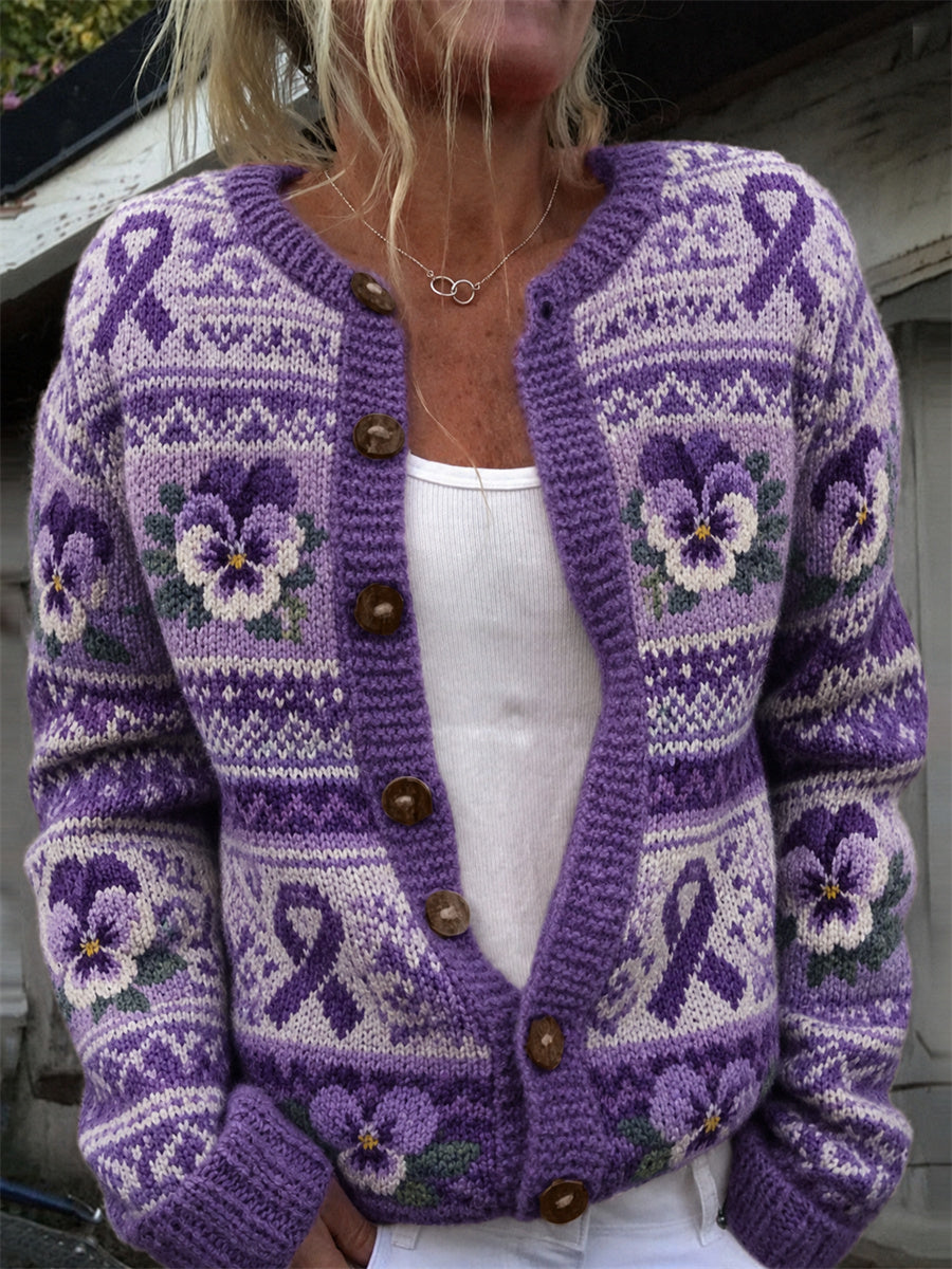 Femmes Vintage Violet Ruban & Pansy Flowers Isle Motif Imprimer Cardigan