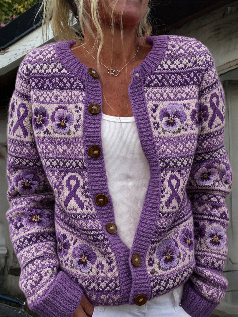 Cardigan vintage pour femme, imprimé motif allée aux rubans violets et fleurs de pensées