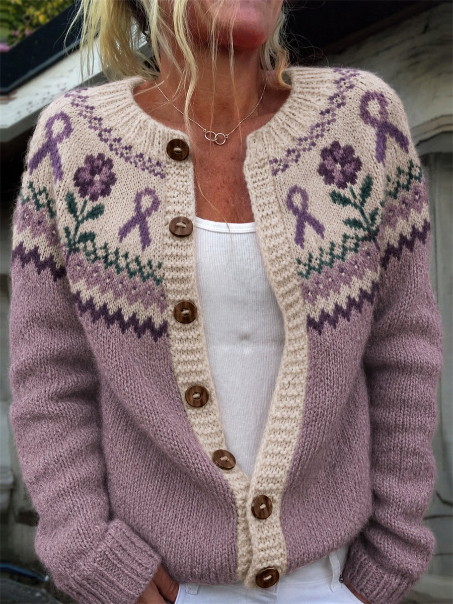 Cardigan vintage pour femme, motif à empiècements avec ruban violet et fleurs, imprimé île