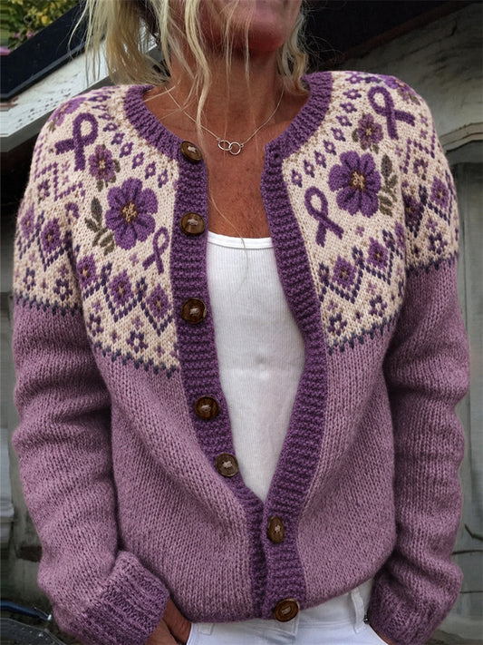 Femmes Vintage Violet Ruban & Fleurs Empiècement Isle Motif Imprimer Cardigan
