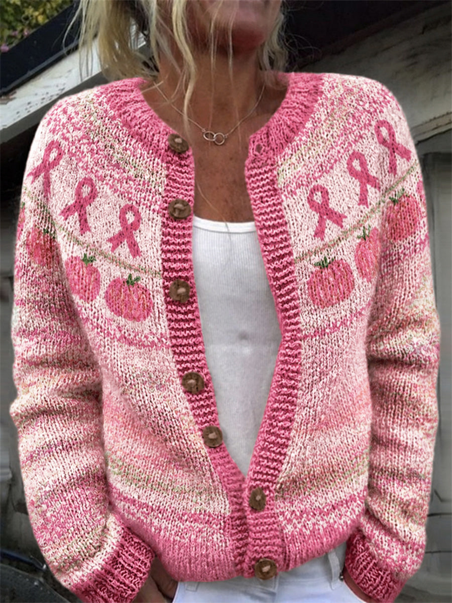 Les citrouilles roses vintage des femmes et le cardigan rose d'impression de modèle d'empiècement de ruban