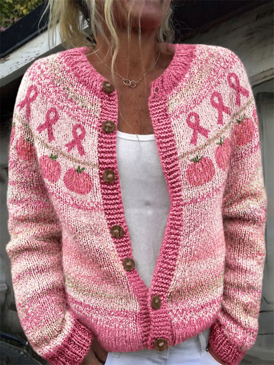Les citrouilles roses vintage des femmes et le cardigan rose d'impression de modèle d'empiècement de ruban